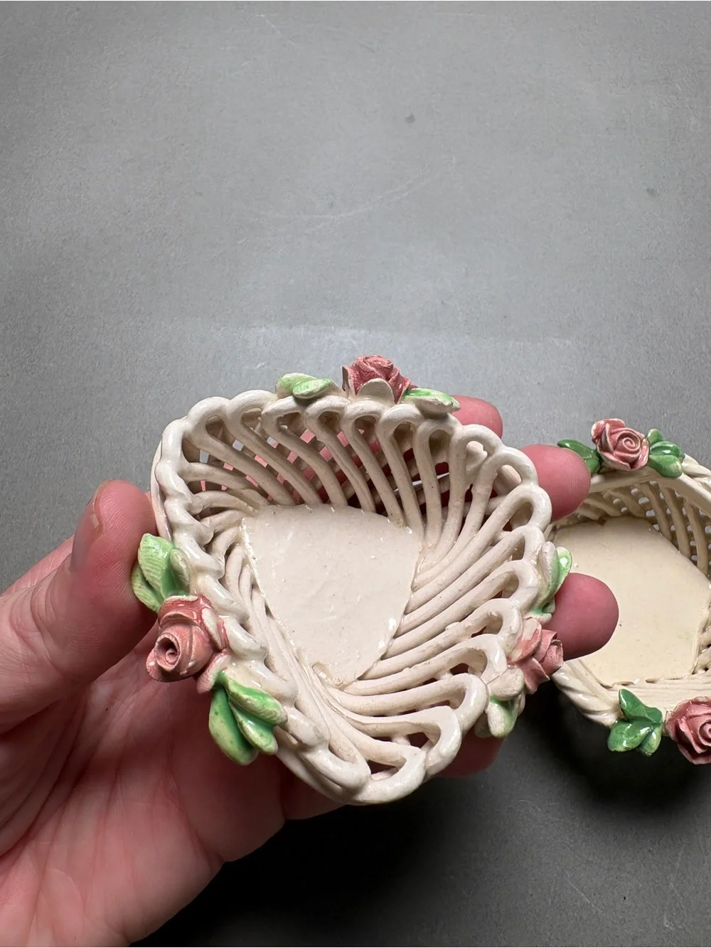 Cottagecore Handmade Italy Ceramic Rose Basket Pair Ring Dish Trinket Dish
